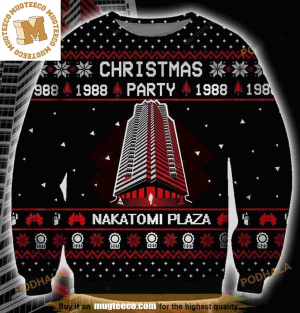 Nakatomi Plaza Logo Christmas Party 1988 Snowy Night Black Christmas Ugly Sweater
