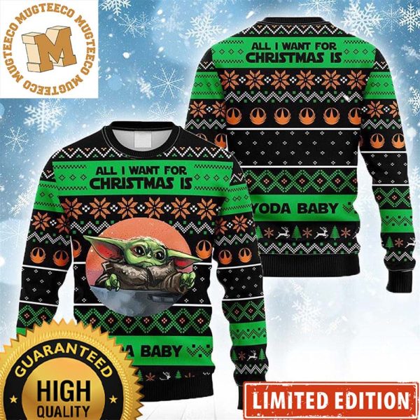 All I Want For Christmas Is Baby Yoda Snowflakes Knitting Pattern Green And Black Christmas Ugly Sweater