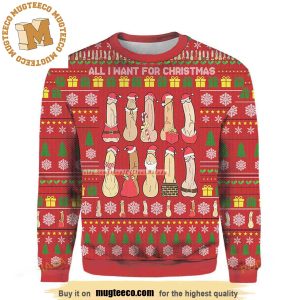 All I Want For Christmas Is Dicks Lined Up With Santa Costumes Red Funny Holiday Ugly Sweater 2023