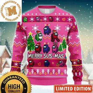 Among Us Merry Sus-Mas Snowflakes And Pine Tree Pink Christmas Ugly Sweater