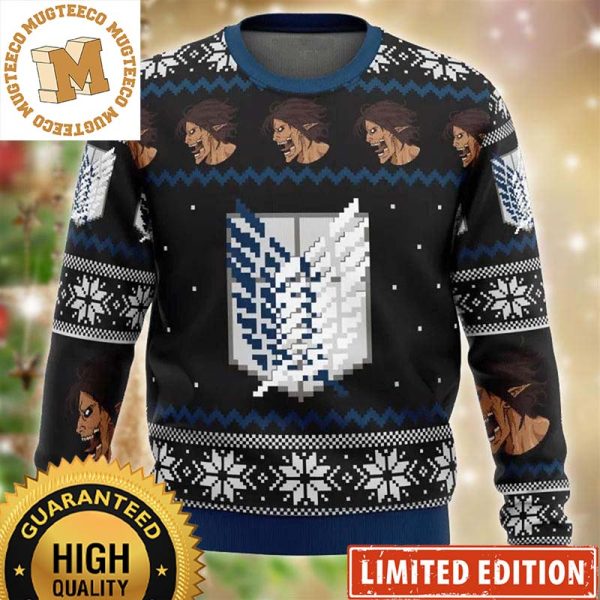Attack On Titan Survery Corps Big Logo With Eren Knitting Pattern Christmas Ugly Sweater