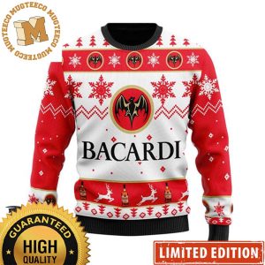 Bacardi Rum Wine Big Logo In White And Red Snowflakes And Deer Christmas Ugly Sweater 2023