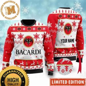 Bacardi Rum Wine Big Logo Snowflakes And Reindeer Personalized Christmas Ugly Sweater 2023