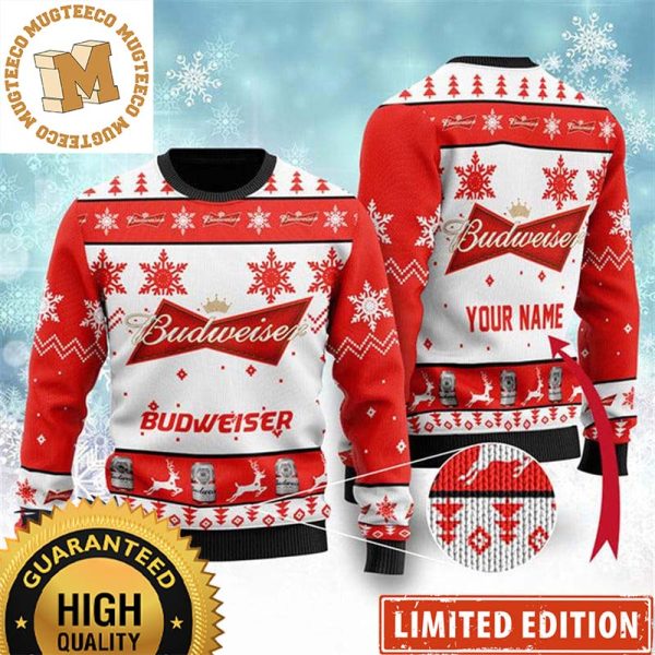 Budweiser Beer Logo Snowflakes And Pine Trees Personalized Red And White Christmas Ugly Sweater