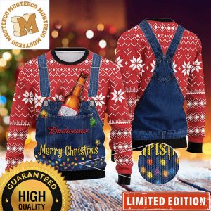 Budweiser Beer Merry Christmas Denim Overalls Effect Knitting Holiday Ugly Sweater