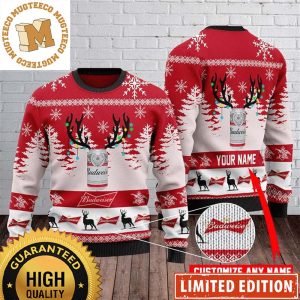 Budweiser Beer With Reindeer Horn In Pine Trees Forest Personalized Red And White Christmas Ugly Sweater