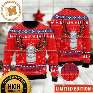 Budweiser Cans With Reindeer Horn Knitting Red Christmas Ugly Sweater 2023