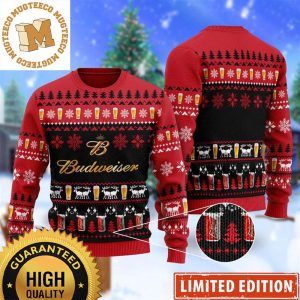 Budweiser Christmas Scenes With Beer Snowflakes And Reindeer Holiday Ugly Sweater 2023