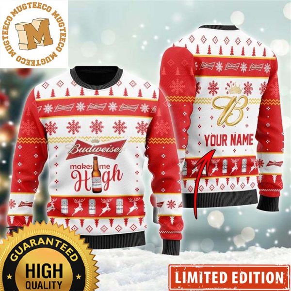 Budweiser Makes Me High Personalized  Red And White Knitting Funny Christmas Ugly Sweater