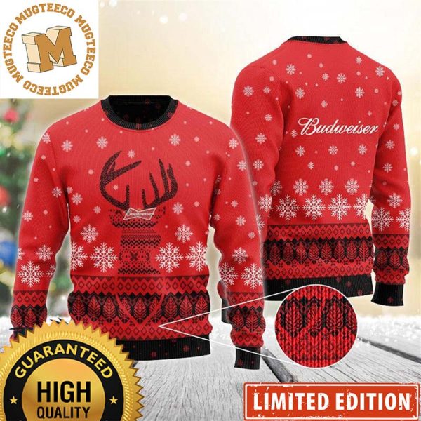 Budweiser Reindeer Snowy Night Snowflakes Knitting Red Christmas Ugly Sweater