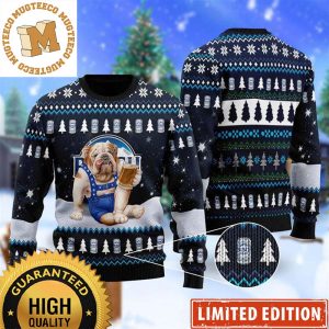 Bulldog Drink Busch Light Beer In The Snowy Night Christmas Ugly Sweater 2023