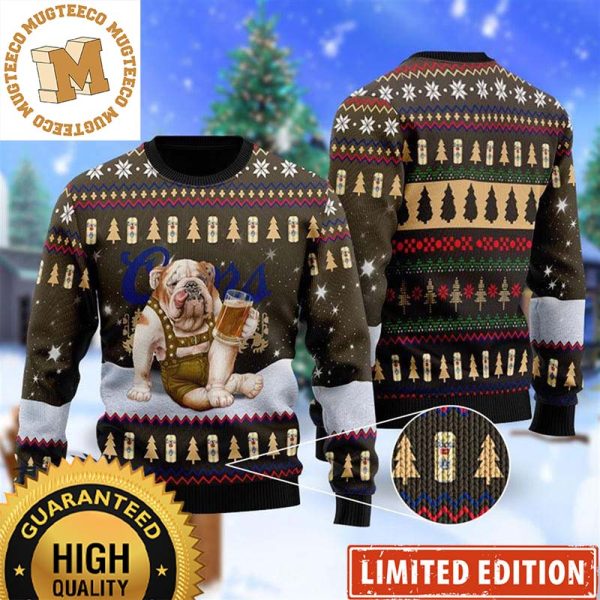 Bulldog Drink Coors Light Banquet Beer In The Snowy Night Christmas Ugly Sweater