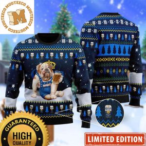 Bulldog Drink Corona Extra Beer In The Snowy Night Funny Christmas Ugly Sweater 2023