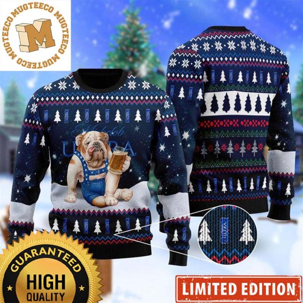 Bulldog Drink Michelob Ultra Beer In The Snowy Night Blue Funny Christmas Ugly Sweater 2023