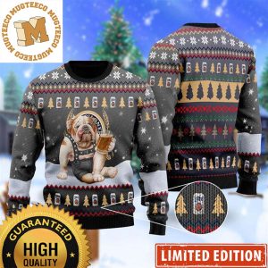 Bulldog Drink Miller Lite Beer In The Snowy Night Funny Christmas Ugly Sweater 2023