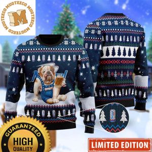 Bulldog Drink Natural Light Beer In The Snowy Night Funny Christmas Ugly Sweater 2023