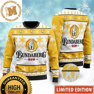 Bundaberg Estd Rum 1888 Bear Big Logo With Snowflakes Knitting Yellow And White Christmas Ugly Sweater 2023