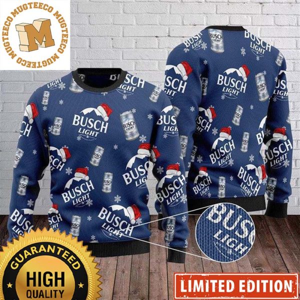 Busch Light Beer Logo With Santa Hat Knitting In Blue Christmas Ugly Sweater