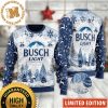 Busch Light Big Logo With Snowflakes And Pine Tree Knitting Pattern White And Blue Christmas Ugly Sweater