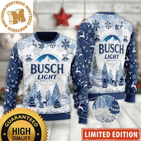 Busch Light Big Logo With Pine Tree Pattern Snowy Night Christmas Ugly Christmas Sweater