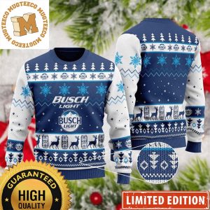 Busch Light Big Logo With Snowflakes And Pine Tree Knitting Pattern White And Blue Christmas Ugly Sweater