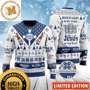 Busch Light In My Veins Jesus In My Heart Snowflakes Knitting Pattern White And Blue Christmas Ugly Sweater