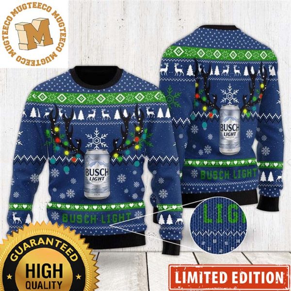 Busch Light Reindeer With Christmas Lights Knitting Blue Holiday Ugly Sweater