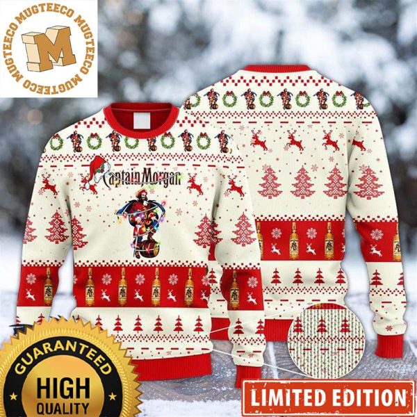 Captain Morgan Logo With Christmas Light And Santa Hat Reindeer Snowy Night Beige And Red Holiday Ugly Sweater 2023