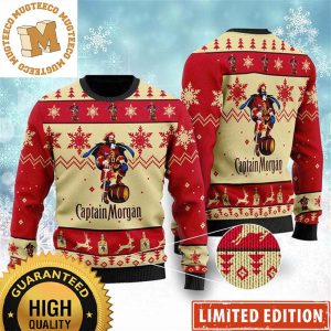 Captain Morgan Logo With Snowflakes Knitting Pattern Beige And Red Christmas Ugly Sweater 2023