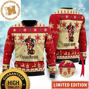Captain Morgan Pirate Man Logo With Snowflakes Knitting Pattern Personalized Red And Beige Christmas Ugly Sweater