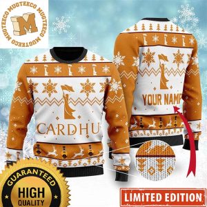 Cardhu Whiskey Big Logo With Snowflakes And Chevron Knitting Pattern White And Orange Christmas Ugly Sweater