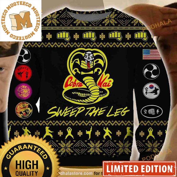 Cobra Kai Big Snake Logo Sweep The Leg Knitting Pattern In Black Christmas Ugly Sweater 2023