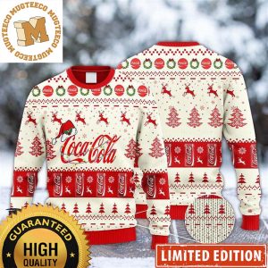 Coca Cola Logo Christmas Lights And Santa Hat Reindeer Snowy Night Knitting Pattern Red And White Holiday Ugly Sweater