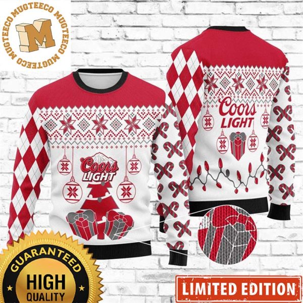 Coors Light Beer Big Logo With Christmas Decorations Pattern Red And White Holiday Ugly Sweater