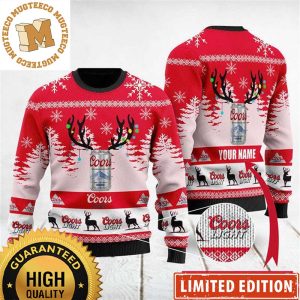 Coors Light Beer Cans Reindeer Horn Snowy Night Personalized Deer Knitting Red Christmas Ugly Sweater