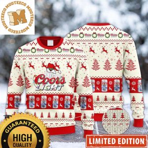 Coors Light Beer With Santa Hat Reindeer Snowy Night White And Red Holiday Ugly Sweater 2023