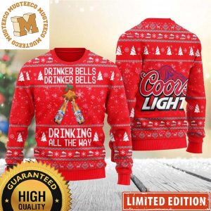 Coors Light Cheers Drinker Bells Drinking All The Way Red Christmas Ugly Sweater 2023