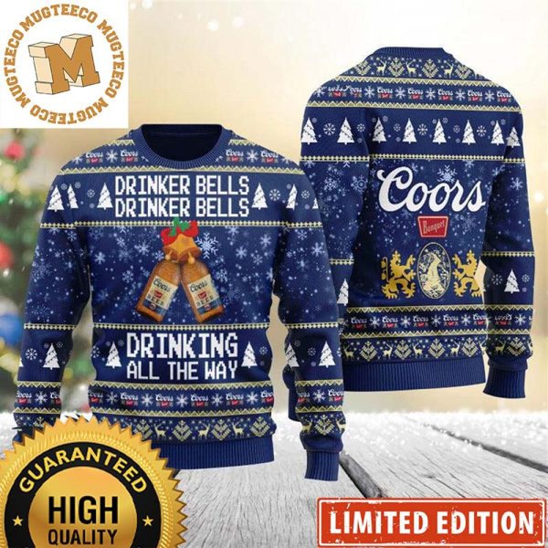 Coors Light Coors Banquet Drinker Bells Drinking All The Way Snowy Night Blue Funny Holiday Ugly Sweater