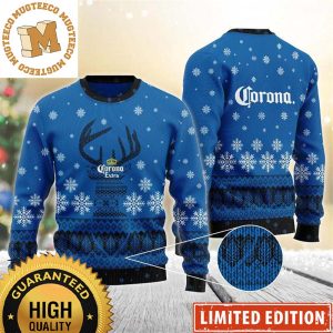 Corona Extra Beer Reindeer Snowy Night Blue Christmas Ugly Sweater