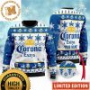 Corona Extra Big Logo With Snowflakes And Chevron Pattern White And Blue Christmas Ugly Sweater