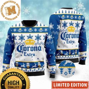 Corona Extra Big Logo With Snowflakes And Chevron Pattern White And Blue Christmas Ugly Sweater