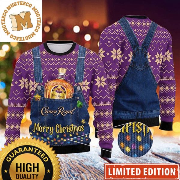 Crown Royal Whiskey Merry Christmas Denim Overalls Effect Knitting Christmas Ugly Sweater