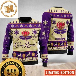 Crown Royal Whiskey Snowflakes Reindeer Knittng Personalized Purple And Beige Christmas Ugly Sweater