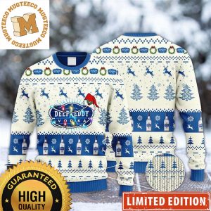 Deep Eddy Vodka Logo With Christmas Light And Santa Hat Reindeer Snowy Night White And Blue Holiday Ugly Sweater