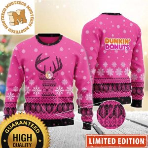 Dunkin Donut Reindeer Knitting Snowy Night Pink Holiday Ugly Sweater