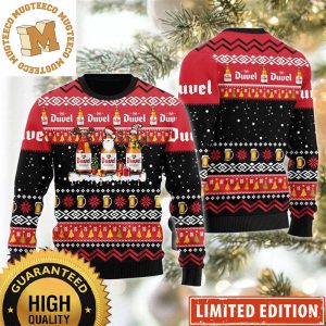 Duvel Beer Bottles In Santa Reindeer And Snow Man Costumes Snowflake Knitting Pattern Christmas Ugly Sweater