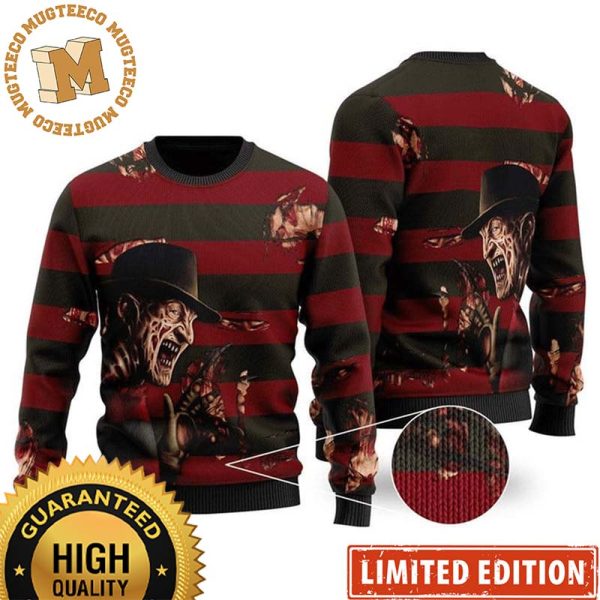 Freddy Krueger Horror Signature Red And Green Stripes Christmas Ugly Sweater