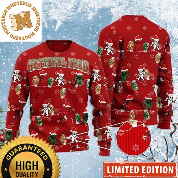 Grateful Dead Funny Dancing Bears Santa Christmas Lights Red Xmas Ugly Sweater 2023