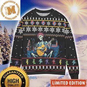 Grateful Dead Skeleton Playing Guitar Snowy Night Ugly Christmas Sweater 2023