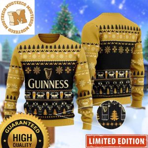 Guinness Beer Christmas Scenes Snowflakes Knitting Pattern Yellow And Black Holiday Ugly Sweater 2023